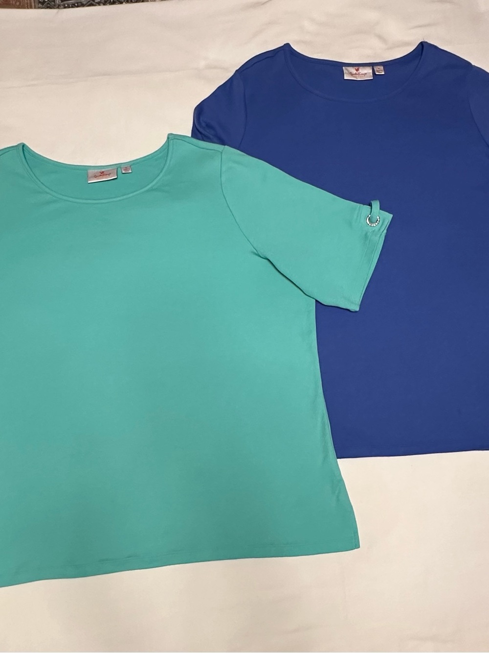 Quacker Factory Elbow Sleeve Tees in Sea Green and Periwinkle Blue